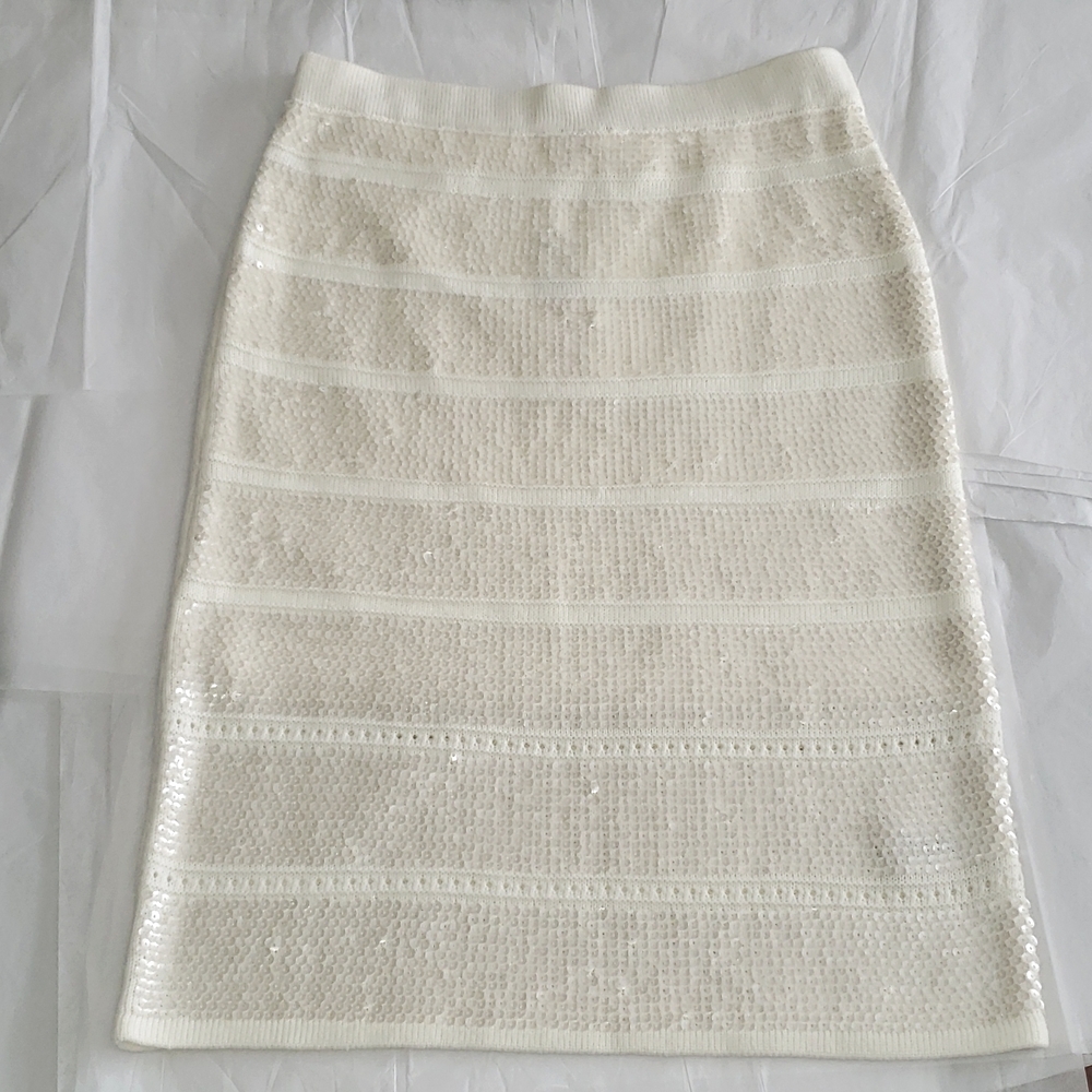 Catherine Malandrino New SKIRT White Sequin Knit Pencil Straight NWT Women's M